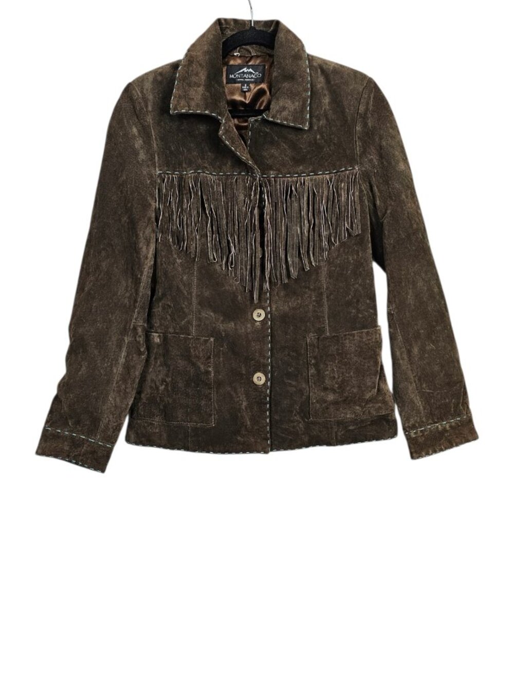 Montanaco Vintage Brown Suede Leather Boho Y2K Western Fringe Stitch Jacket S - Picture 1 of 8